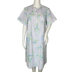 Miss Elaine Housecoat Womens Medium Blue Floral Seersucker‎ Lightweight Summer